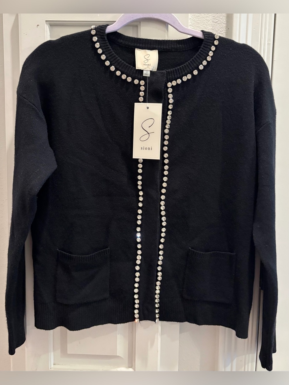 NWT SIONI Black Embellished Crewneck Cardigan with hook closure